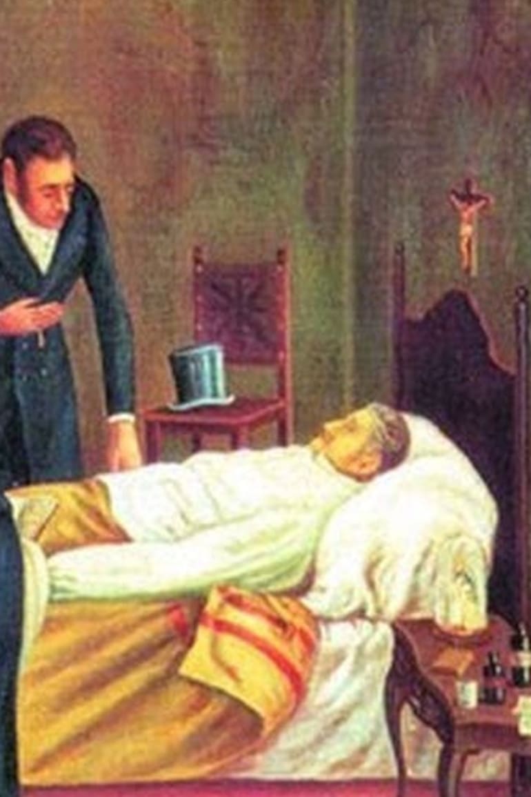 El general en el lecho de muerte. Según su biógrafo, Bartolomé Mitre, sus últimas palabras fueron: "Ay, Patria mía".