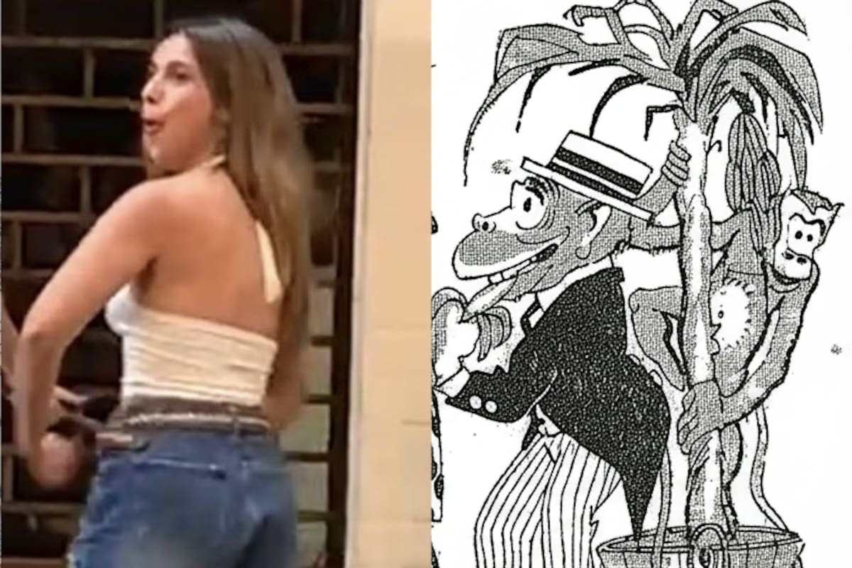 El gesto ofensivo de Agostina Páez y un recorte de la ilustración con la que el diario Crítica recibió a la selección de Brasil en 1920