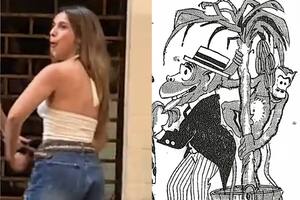 El gesto ofensivo de Agostina Páez y un recorte de la ilustración con la que el diario Crítica recibió a la selección de Brasil en 1920