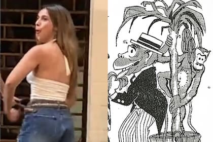 El gesto ofensivo de Agostina Páez y un recorte de la ilustración con la que el diario Crítica recibió a la selección de Brasil en 1920