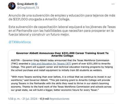 El gobernador Abbott anunció una subvención para una institución educativa, como parte del programa de educación y trabajo del estado