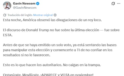 El gobernador de California cuestionó al presidente Trump por su discurso sobre el sistema electoral