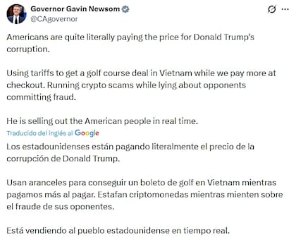 El gobernador de California se lanzó contra la gestión de Donald Trump