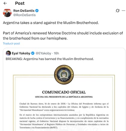 El gobernador de Florida aplaudió la medida de la administración de Milei sobre la "Hermandad Musulmana"