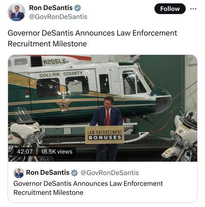 El gobernador de Florida, Ron DeSantis, anunció que el estado superó los 10.000 bonos de US$5.000 entregados a nuevos agentes de policía