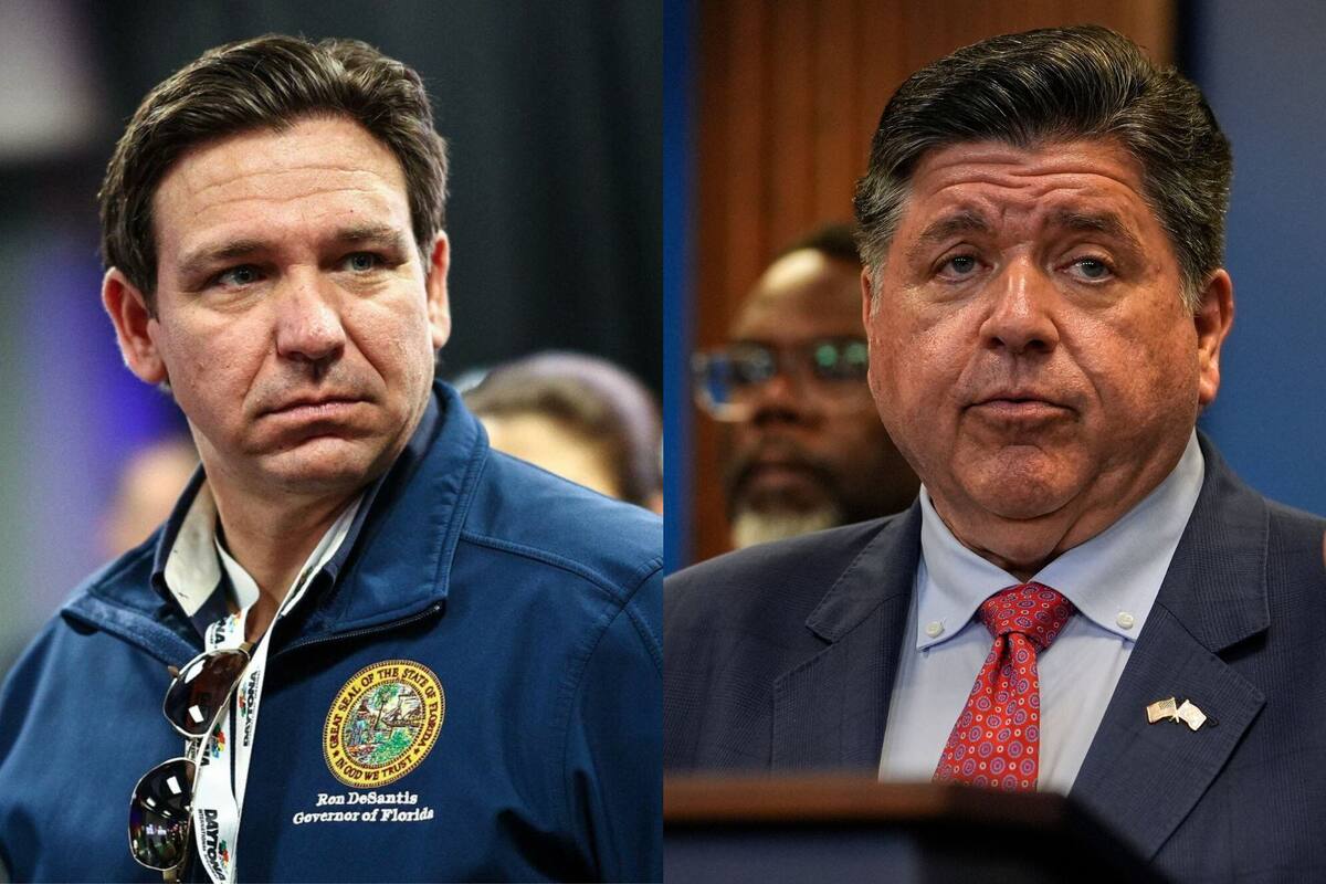 El gobernador de Florida, Ron DeSantis, apuntó contra el mandatario de Illinois, JB Pritzker, por sus políticas santuario para migrantes