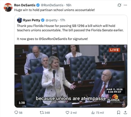 El gobernador de Florida se pronunció sobre la reforma en su cuenta de X