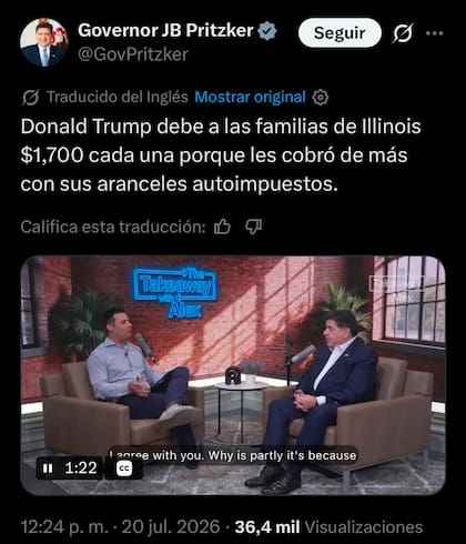 El gobernador de Illinois aseguró que los aranceles elevaron el costo de vida y pidió compensaciones para los hogares del estado