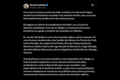 El gobernador de La Rioja, Ricardo Quintela, expresó su pesar por la muerte de los siete tripulantes