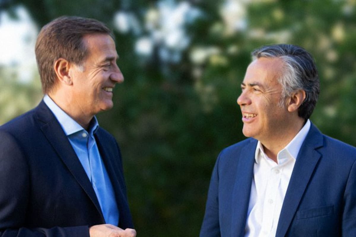 El gobernador de Mendoza, Rodolfo Suarez, y el ex mandatario Alfredo Cornejo, en una foto que eligió el actual jefe del Ejecutivo local para pedir por su antecesor.