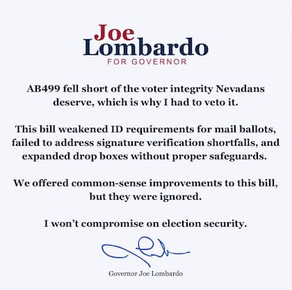 El gobernador de Nevada habla sobre el veto a la ley AB499 Foto: Ig Joe Lombardo