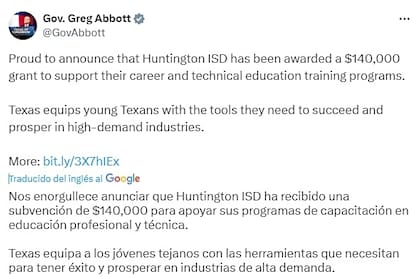 El gobernador de Texas celebró la subvención en sus redes sociales: "Nos enorgullece"