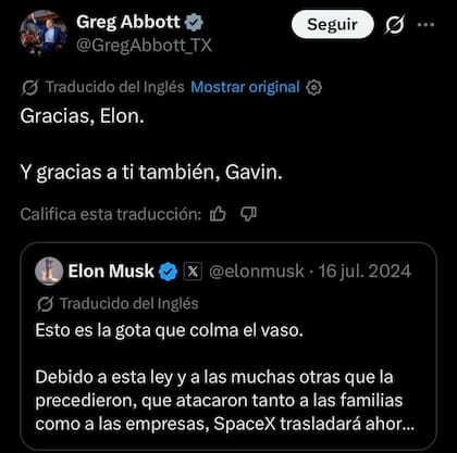 El gobernador de Texas, Greg Abbott, recuperó una publicación de Elon Musk sobre las razones que llevaron a SpaceX a mudar su sede de California a Texas