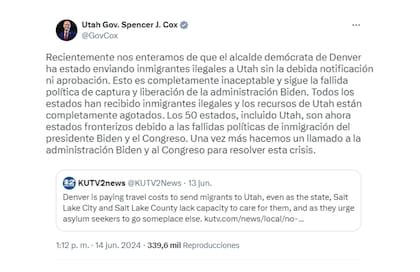 El gobernador de Utah, Spencer Cox, dijo que desde Denver le mandan inmigrantes sin avisarles previamente