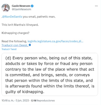 El gobernador demócrata de California, Gavin Newsom, se pronunció al respecto en sus redes sociales