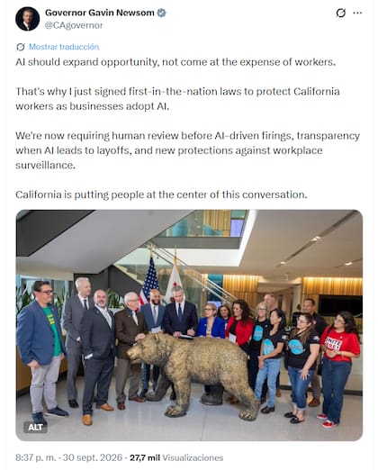 El gobernador Gavin Newsom firmó leyes pioneras a nivel nacional para proteger a los trabajadores de California mientras las empresas adoptan la inteligencia artificial (IA)