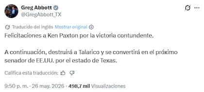 El gobernador Greg Abbott felicitó rápidamente a Paxton por su contundente triunfo y vaticinó que el partido retendrá la banca