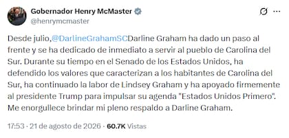 El gobernador Henry McMaster apoyó a Darline Graham poco después del respaldo del presidente Donald Trump