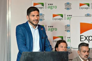 El gobernador Maximiliano Pullaro, al hablar en la previa de un remate de un lote de girasol, en Expoagro