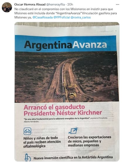 El Gobernador Oscar Herrera Ahuad le sacó una foto al suplemento especial distribuido en Misiones promocionando el gasoducto Néstor Kirchner y avisó que insistirá con sus reclamos.