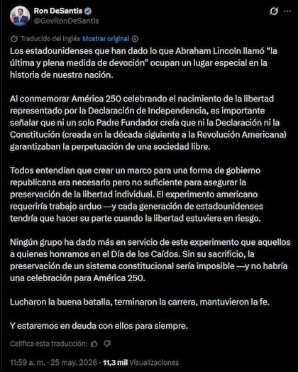 El gobernador Ron DeSantis se expresó en redes sociales por el Memorial Day
