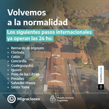 El Gobierno anunció la apertura de los primeros pasos internacionales con funcionamiento 24 horas.