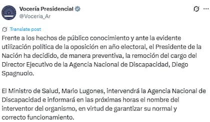 El Gobierno atribuyó la remoción a la "evidente utilización política de la oposición" (X: @Voceria_Ar)