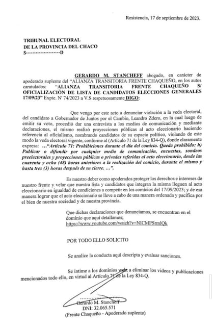 El gobierno chaqueño denunció por violar la veda electoral a Zdero