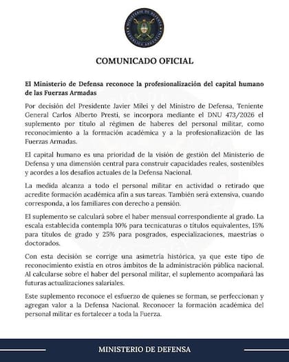 El Gobierno creó un plus salarial para militares con títulos universitarios