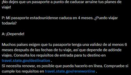 El gobierno de Estados Unidos advirtió sobre los inconvenientes de un pasaporte próximo a vencer