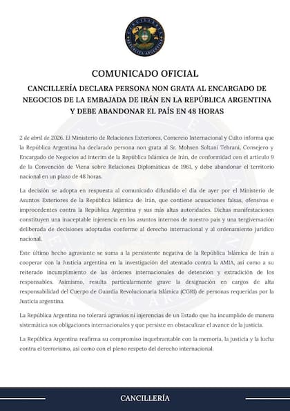 El Gobierno expulsa del país al encargado de negocios de la embajada de Irán en la Argentina