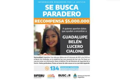 El Gobierno formalizó la suba de la recompensa para quienes aporten datos sobre Guadalupe Lucero