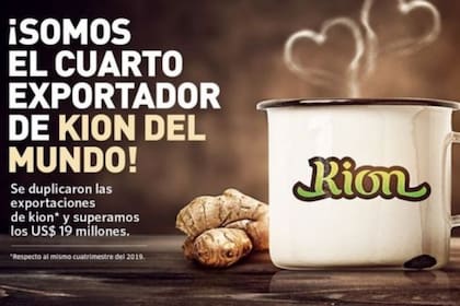 Afiche de 2020, celebrando el aumento en las exportaciones de jengibre, llamado kion en Perú