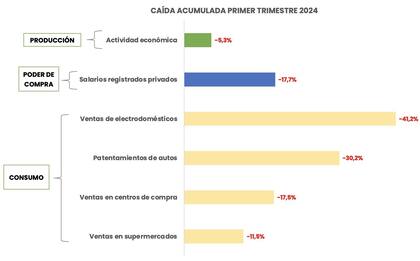 El gráfico elaborado por Claudio Caprarulo muestra la caída del consumo en distintos sectores con base en datos del Indec (excepto en el rubro patentamientos de autos)