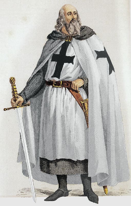El gran maestre Jacques de Molay con su atuendo de Templario