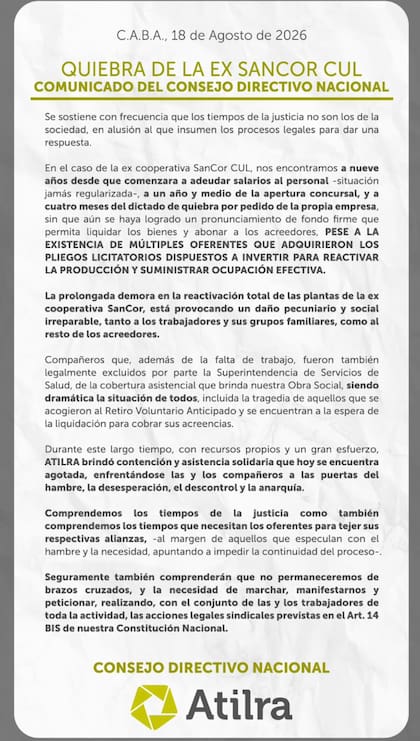 El gremio denunció que la demora en la liquidación y reactivación de las plantas genera un perjuicio económico y social "irreparable" y anticipó nuevas acciones gremiales