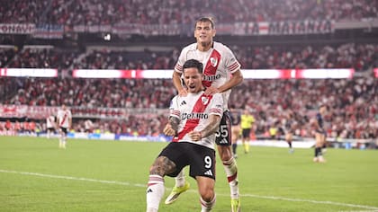 El grito de gol de Sebastián Driussi (9), que ingresó en la segunda etapa y marcó el 1-0 de River ante Carabobo por la Sudamericana