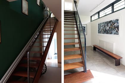 El hall de entrada, moderno con 70 años. Se ambientó con un banco hecho con un tablón de la obra y acrílico sobre papel, de Rodrigo Berro.