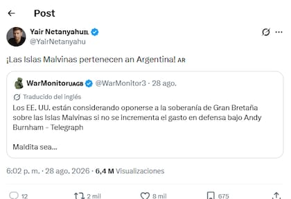 El hijo mayor de Netanyahu opinó que las Malvinas son argentinas