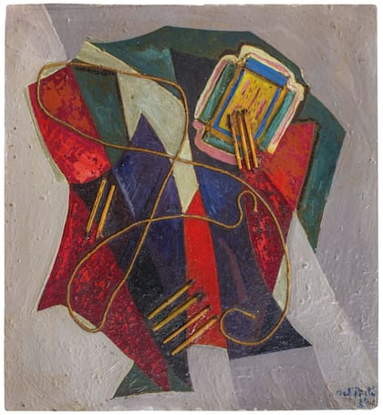 El hilo ya estaba presente en la primera muestra de arte no figurativo en la Argentina, en 1933, con obras realizadas por Del Prete con papeles de envoltura de frutas y hojas de periódicos, como esta de 1932