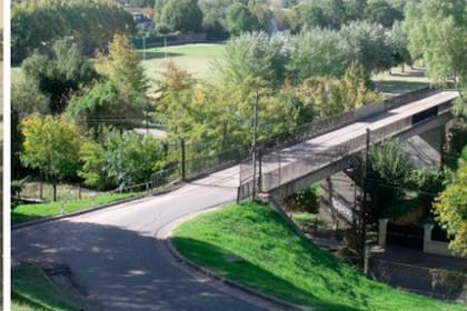 El histórico puente que conecta el colegio con el campus deportivo por sobre las vías del ferrocarril que une Delta (Tigre) con Maipú (Olivos)