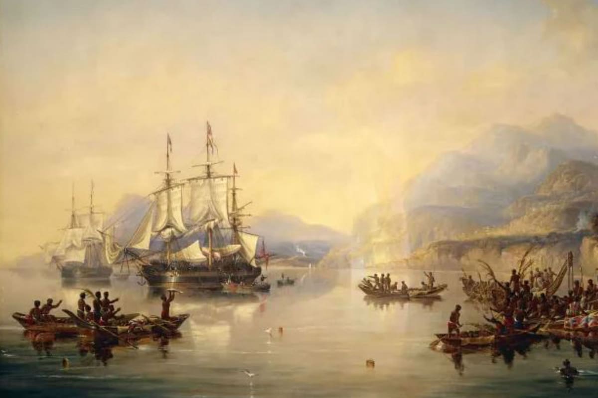 El HMS Erebús y el Terror en una excursión a Nueva Zelanda antes de la fatídica expedición