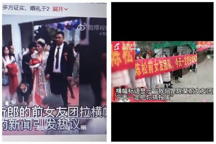 El hombre junto a su esposa y las ex novias con un cartel que dice  “Somos el equipo de las exnovias de Chen (el apellido del novio) y hoy te vamos a destruir” - Imagen: Captura de Weibo (red social)