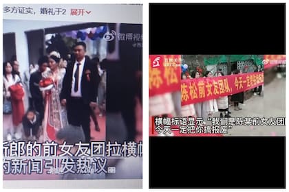 El hombre junto a su esposa y las ex novias con un cartel que dice “Somos el equipo de las exnovias de Chen (el apellido del novio) y hoy te vamos a destruir” - Imagen: Captura de Weibo (red social)