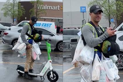 El hombre mostró su truco para cargar las bolsas en el monopatín