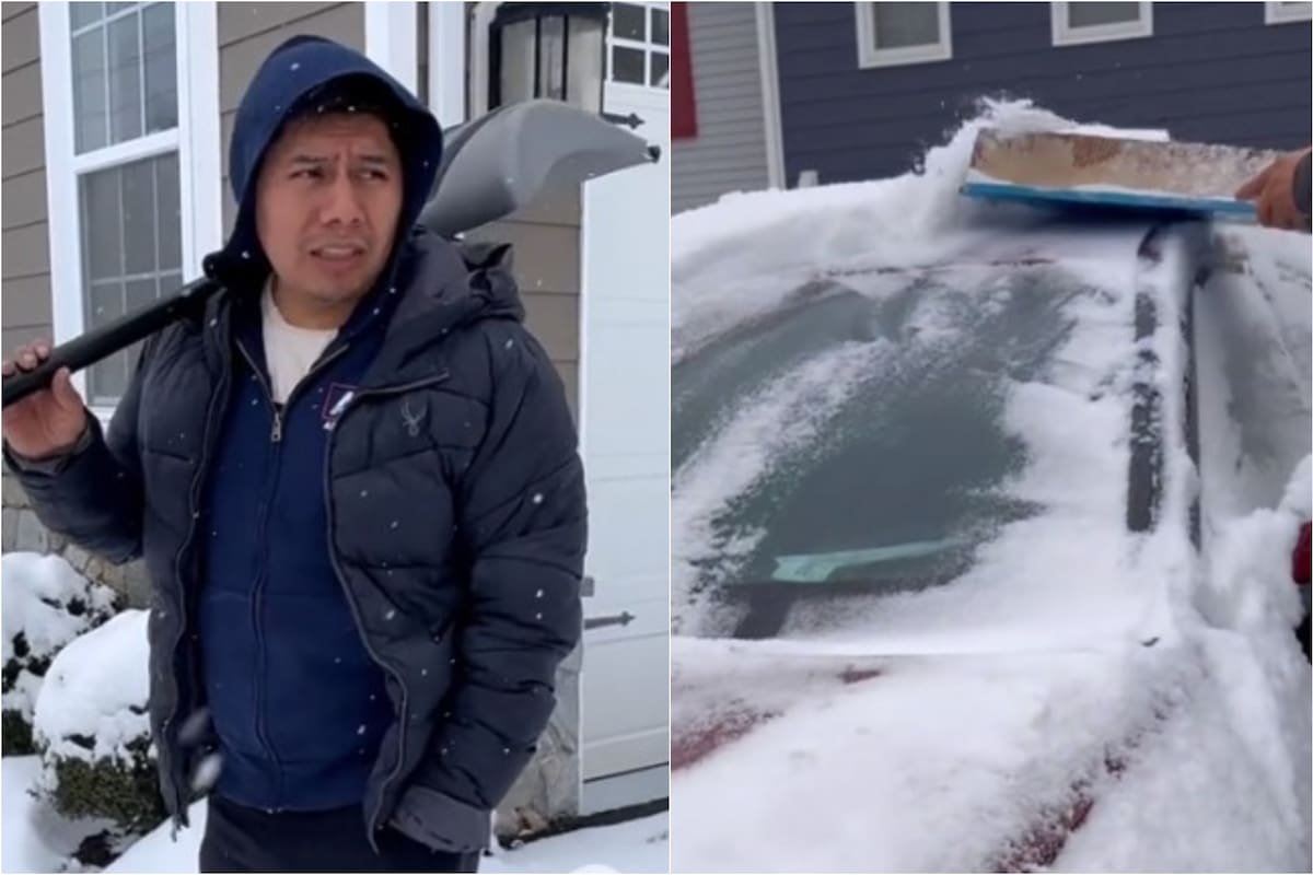 El hombre remueve junto a sus compaeros la nieve de las casas y los vehículos; se gana varios dólares extras por esta actividad