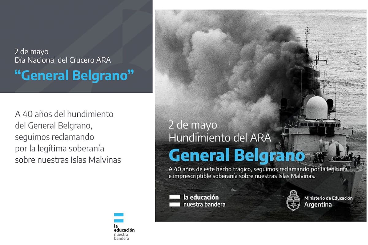 El homenaje del Ministerio de Educación Crucero ARA General Belgrano con la foto equivocada