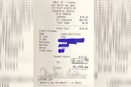 El homre gastó menos de 150 dólares y dejó como propina 1000 dólares a cada uno de los 10 empleados que trabajó esa noche