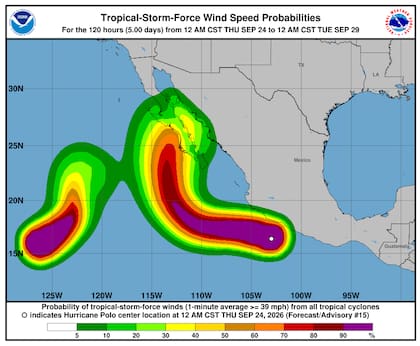 El huracán Polo presenta según el NHC un ojo circular definido con vientos máximos sostenidos de 161 mph (259 km/h) y una velocidad de avance de 9 mph (15 km/h)