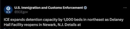 El ICE anunció la reapertura de un centro de detención de migrantes en Nueva Jersey en sus redes sociales